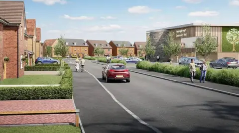 A CGI generated image of how the development in Hemingbrough might look, with houses lining a wide tarmacked road and walkway. A community hall can be seen in the distance.