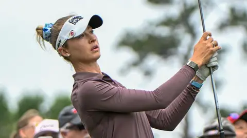Nelly Korda after playing a tee shot during the second round of the Chevron Championship in April 2026