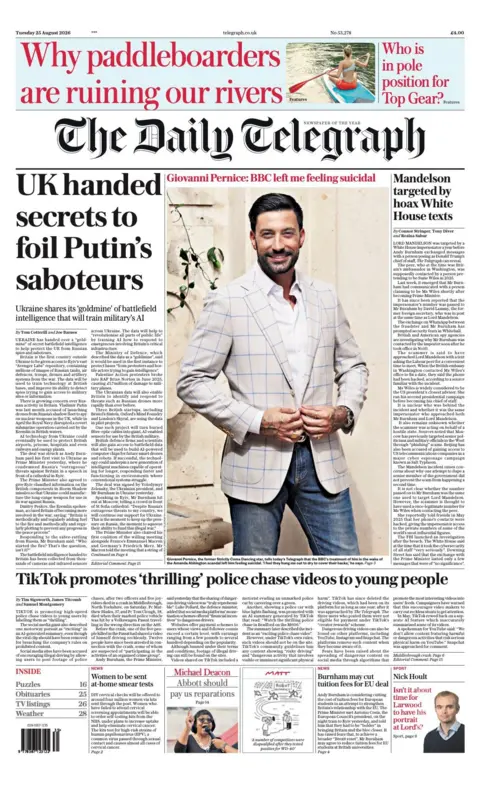 The headline on the front page of the Daily Telegraph reads: “UK handed secrets of foil Putin's saboteurs".