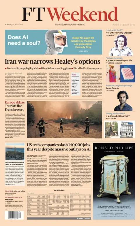 The headline on the front page of the FT Weekend reads: "Iran war narrows Healey's options."