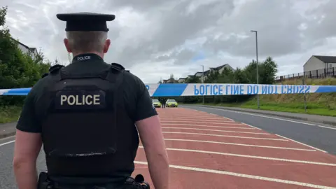 A police officer is in full uniform with his back toward the camera.
He is standing near a police cordon and a two police vehicles can be seen at the far end of a closed off road. A grassy embankment, some houses and trees line either side of the road.