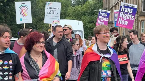 Pride marchers in Glasgow wearing colourful clothes and carrying Trans rights banners  