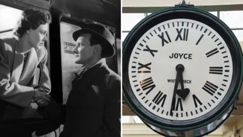 A composite of two images. On the left, a black and white still from the 1945 film Brief Encounter shows a woman leaning from a train carriage window holding hands with a man on the platform. On the right, a close-up of the restored Carnforth station clock shows a white face with Roman numerals and the name 'Joyce' and 'Whitchurch' printed in the centre.