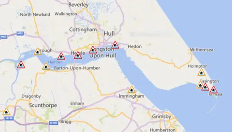 Gov.uk Map of flood warnings on the Humber 