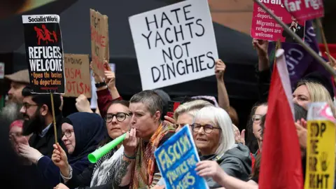 Getty Images Counter-protesters from Take Back The Streets demonstrate against a rally protesting about immigration in Glasgow on 20 September.