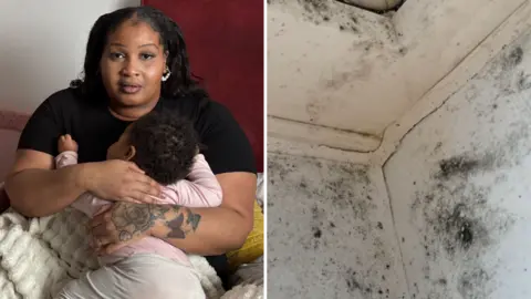 Left: Laura-May with medium-length dark hair and a white string-of-pearls earring visible on her left ear. She is wearing a dark-coloured T-shirt and holding a young child who has black hair and is wearing a pink babygrow. She is sitting on her bed and has a light-coloured blanket over her legs, Right: close up of a mouldy wall and ceiling