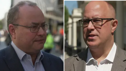 A composite of two pictures, both of middle-aged men in suits being interviewed for TV. 