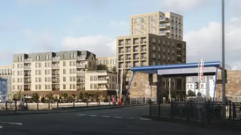 Lord Street Development SPV Limited An illustration of the buildings from another angle - looking on from the Millennium Bridge. There is a tall tower block which has balconies at the front and it next to two lower buildings. The ground floor of the complex is made up of large windows.