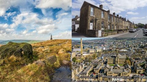Scene setting pictures of Calderdale (left), Horbury (top right) and Saltaire (bottom right)