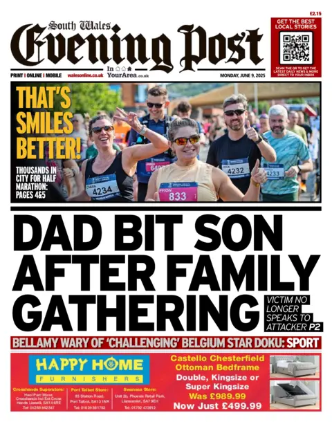 South Wales Evening Post South Wales Evening Post newspaper front page headline: Dad bit son after family gathering; Victim no longer speaks to attacker.