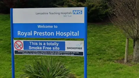 Sign at the entrance of Royal Preston Hospital entrance