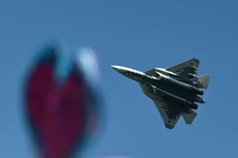 AFP The Russian Sukhoi Su-57 fifth-generation fighter aircraft performs during Aero India 2025, a military aviation exhibition at the Yelahanka Air Force Station in Bengaluru on February 12, 2025