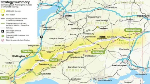 Greengauge 21 A map showing Basingstoke to Exeter - showing the route that the updated rail line would follow