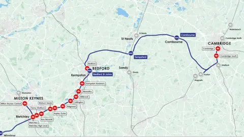 East West Rail Route for East West Rail between Cambourne and Cambridge, it shows stations at Tempsford, Cambourne, and Cambridge South.