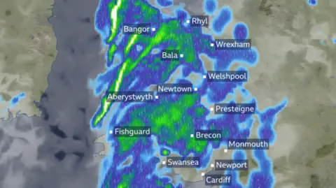 Weather map of Wales - heavy rain across the country