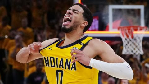 Tyrese Haliburton celebrates winning the game for the Indiana Pacers