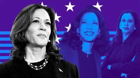 Three stylised depictions of Kamala Harris at various stages of her life. The recent photo of her on the left is in greyscale. Behind this there are two blue-tinted images of her from when she was in her 20s and 30s. The background features a purple American flag with white stars and blue stripes