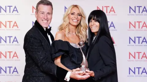 PA Media Anton Du Beke, Tess Daly and Claudia Winkleman holding their award