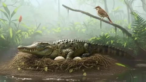 An AI-generated reconstruction of a 'drop croc', or mekosuchine crocodile, on top of a nest containing eggs on the bank of a pond in a forest with other animals seen around it.