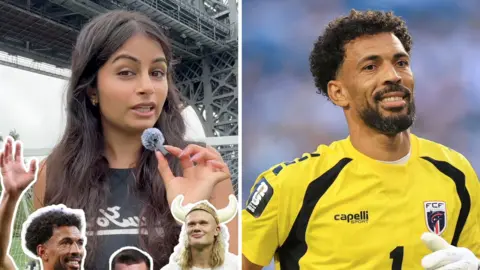Left, a woman holds a mic. Right, a footballer in a yellow jersey.
