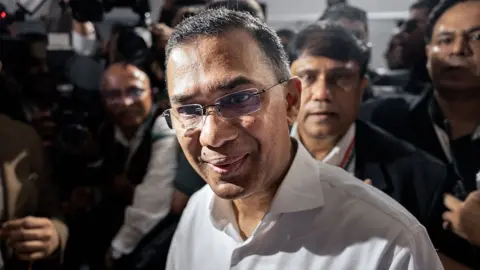 BNP Chairman Tarique Rahman casts his vote at the Gulshan Model School and College polling centre on February 11, 2026 in Dhaka,