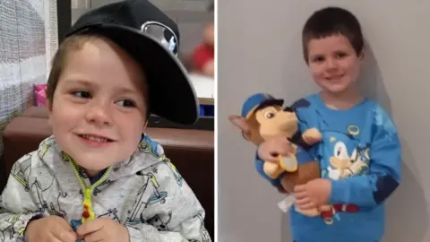 An Garda Síochána Composite image, on left Kyran is wearing a black baseball hat and grey patterned hoody with neon zip, on right he is in a blue sonic the hedgehog jumper holding a brown paw patrol dog doll in police uniform