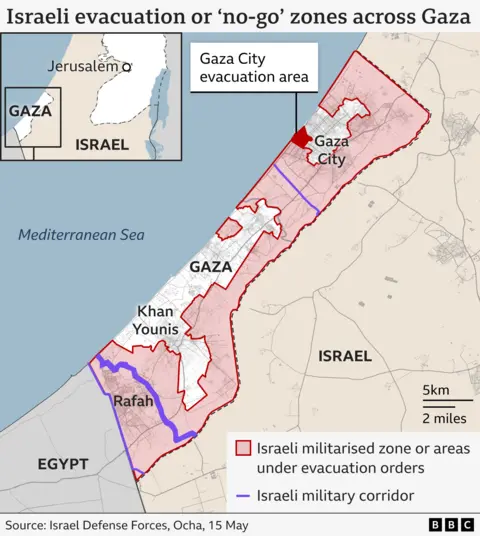Map of Gaza showing Israeli evacuation and "no-go" zones (15 May 2025)