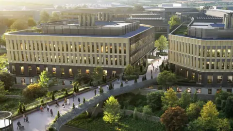 A computer-generated aerial image of large concrete and glass buildings with lots of windows. They are three storeys high. There are people walking around paved areas and also cyclists as well as lots of area planted with trees, shrubs and flowers