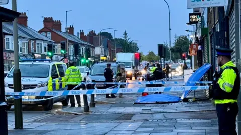 Police cordon in Narborough Road in Leicester