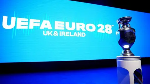 The Euro 2028 trophy, the Henri Delaunay Cup, is pictured ahead the launch event of the football tournament