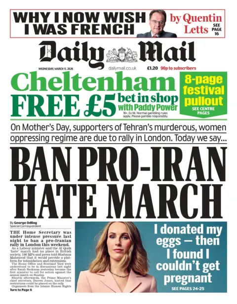 "Ban pro-Iran hate march," reads the headline on the front page of the Daily Mail.