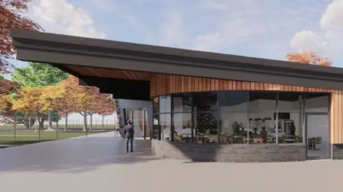 Leeds City Council A CGI image of a pavilion building. It has a sloping roof and wooden panelling outside. It has large glass windows which show a cafe inside the building. Trees and a sports pitch can be seen off to the left.
