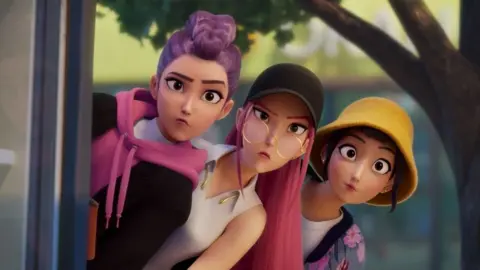 Netflix Rumi, Mira and Zoey peering around a corner in KPop Demon Hunters