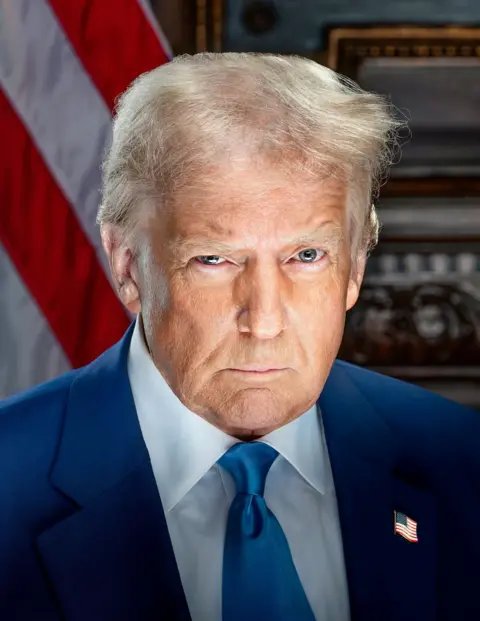 TRUMP VANCE TRANSITION TEAM HANDOUT/EPA-EFE/REX/Shutterstock Donald Trump appears in his official presidential portrait for his second term in office. He looks directly into the camera and appears to have a raised eyebrow. He is wearing a blue tie and white shirt with an American flag lapel on the left side of his suit jacket