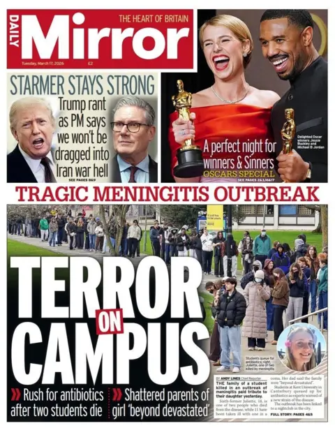 "Terror on campus" reads the headline on the front page of the Daily Mirror.