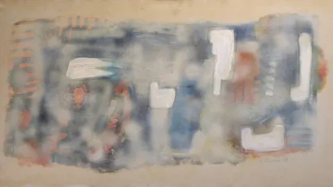 Duggleby Stephenson A close up view of Patrick Heron's painting, which is an atmospheric abstract composition of muted tones 