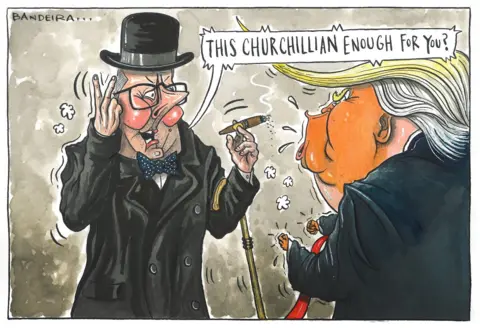 Graeme Bandeira/Northern Agenda Keir Starmer depicted as Winston Churchill, wearing a bowler hat, bow tie and black coat. He has a cigar in his hand and making a peace sign with two fingers pointing as those they are swearing, and he has a walking stick. A speech bubble says, 'This Churchillian enough for you?' An orange faced Donald Trump is next to him, with a large head and little hands, and over-exaggerated blond hair. He is spurting words at him. The background is grey and smokey. 