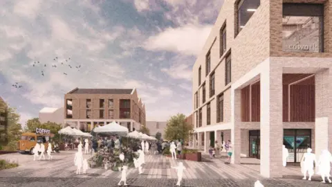 Swindon Borough Council Artist's depiction of open paved area with buildings to the right and in the background. Human figures are in the foreground with market tents and a coffee van to the left.