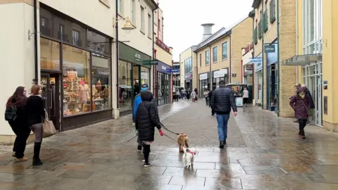 Marriots Walk Shopping Centre is a paved pedestrianised street with cream coloured buildings on either side. There are plenty of shoppers, two of them have small dogs on leads.