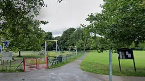 Google Swings, grassland and trees in a park