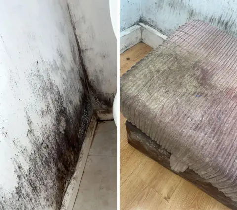 Two pictures of black mould in Sinead's flat. The left-hand picture shows the bottom of a wall and skirting board. The bottom is almost entirely black with mould, with patches continuing upwards. The second shows a cord-covered footstall, which is stained by mould and which can also be seen on the wall behind.