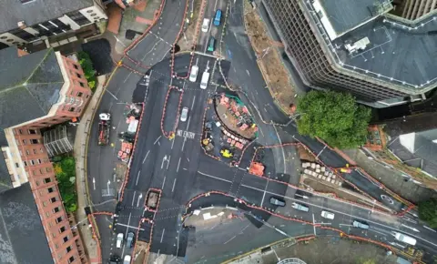 Nottingham City Council An aerial image of the new T-junction on Maid Marian Way