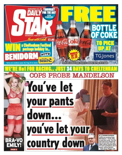 "Cops probe Mandelson: You've let your pants down... you've let your country down," reads the headline on the front page of the Daily Star.