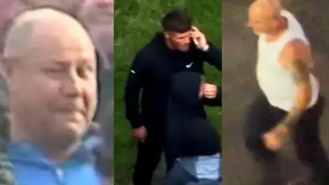 PSNI The picture shows 3 seperate images of men. The man on the left is wearing a blue zip up top and is bald. The man in the middle is wearing a black sports top and black trousers. He is holding what looks like a mobile phone up to his ear. The third man on the right is wearing a while vest top and has several tattoos on his left arm. His head is completely shaved.