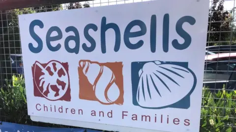 a sign outside the Seashells children's centre, with prints of three different shells