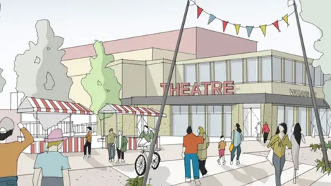 A drawing showing the rough shape of a planned theatre development with people and stalls near the entrance which has the word theatre in big red letters above it