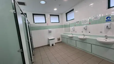 Public toilet facilities, tiled grey floors, three green cubicles, white and green tiled walls, three sinks