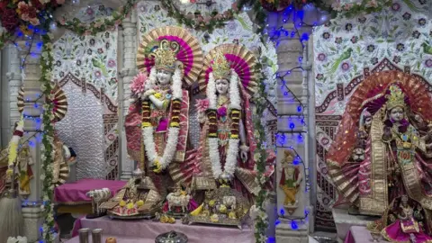 The interior of the Hindu temple in North Ormesby which is brightly decorated 