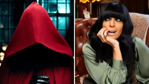 A figure wearing a red cloak on The Traitors, and Claudia Winkleman sitting on a chair in the Traitors castle