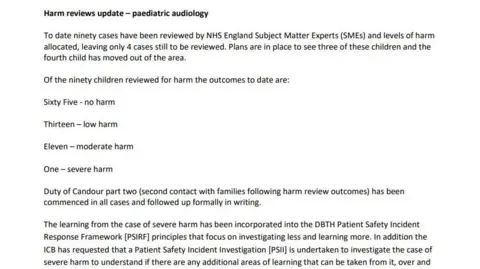Doncaster and Bassetlaw Teaching Hospitals A document titled “Harm reviews update - paediatric audiology”. It provides an update on harm reviews conducted by NHS England Subject Matter Experts (SMEs) for paediatric audiology cases. Here is a full description in complete sentences:
The document states that ninety cases have been reviewed so far, with levels of harm allocated. Only four cases remain to be reviewed. Plans are in place to see three of these children, while the fourth child has moved out of the area.
It then summarizes the outcomes of the ninety children reviewed for harm: Sixty-five children were found to have no harm.
Thirteen children experienced low harm.
Eleven children experienced moderate harm.
One child experienced severe harm. The document mentions that Duty of Candour part two (which involves second contact with families following harm review outcomes) has commenced in all cases and is being followed up formally in writing.
Additionally, it explains that learning from the severe harm case has been incorporated into the DBTH Patient Safety Incident Response Framework (PSIRF) principles, which emphasize investigating less and learning more. Furthermore, the Integrated Care Board (ICB) has requested a Patient Safety Incident Investigation (PSII) to examine the severe harm case in detail, aiming to identify any additional learning opportunities.
At the bottom right corner, the page is marked as “Overall page 30 of 363.”